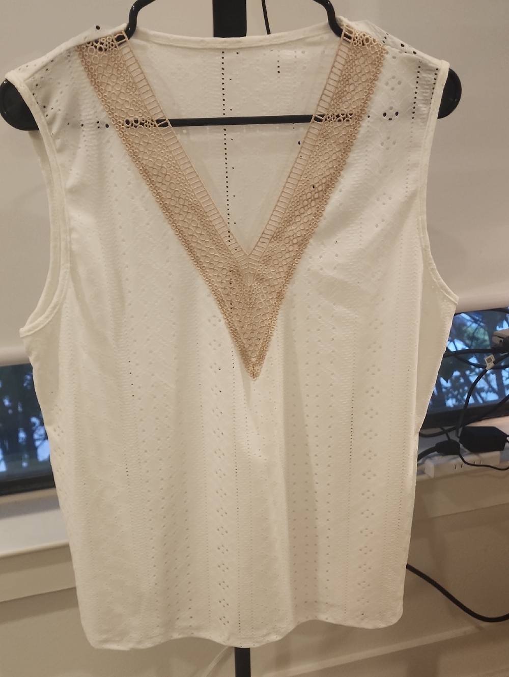 Sleeveless Eyelet Tank with Crochet V-Neck
